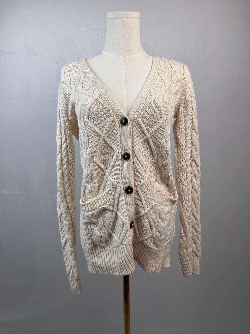 Madewell Cable Knit Cardigan Sweater Small Cream Ivory Wool Blend Button Front